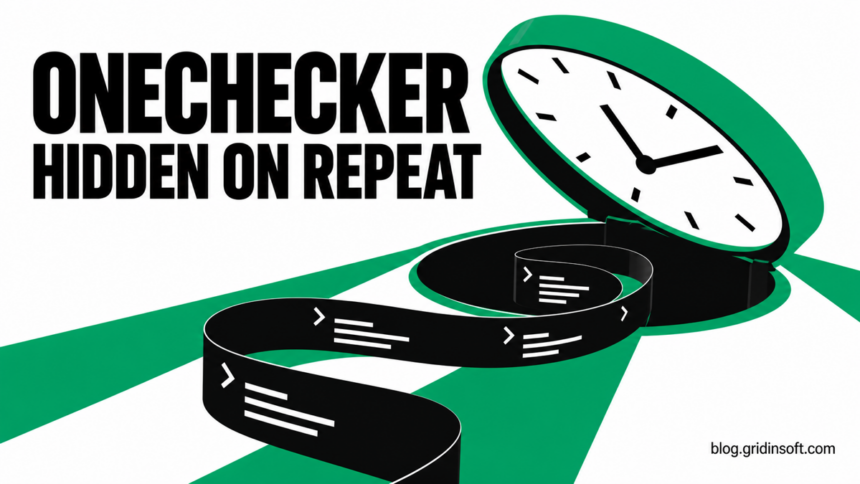 OneChecker hidden on repeat: a clock trapdoor conceals a recurring script.