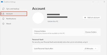 OneDrive Account settings showing Unlink this PC and Choose folders