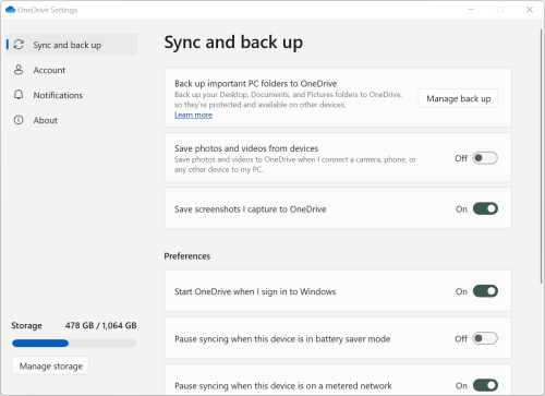OneDrive Settings window with Sync and back up, Account, Notifications, and About sections