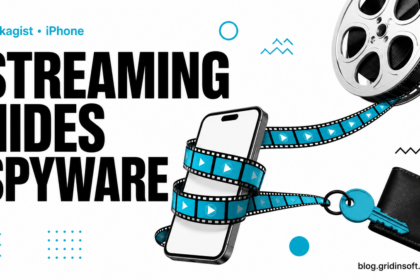 A film reel wraps a smartphone and pulls a wallet key.