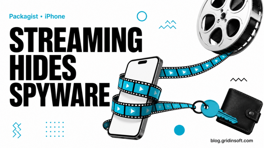 A film reel wraps a smartphone and pulls a wallet key.
