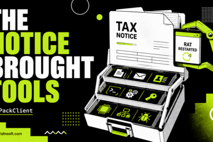 A tax-notice folder unfolds into a lime modular toolbox that restarts a RAT.
