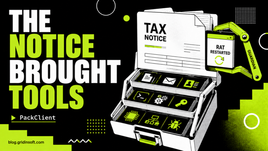 A tax-notice folder unfolds into a lime modular toolbox that restarts a RAT.