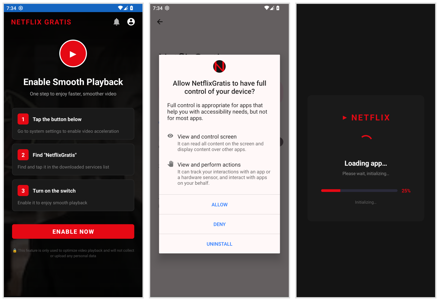 Fake Netflix APK Delivers PanDa RAT Through Meta Ads 2 Intel 471 screenshots of a fake Netflix app requesting Android Accessibility control