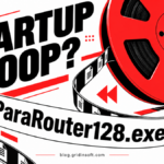 ParaRouter128.exe startup loop shown as a file ribbon winding back onto a red reel