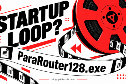 ParaRouter128.exe startup loop shown as a file ribbon winding back onto a red reel