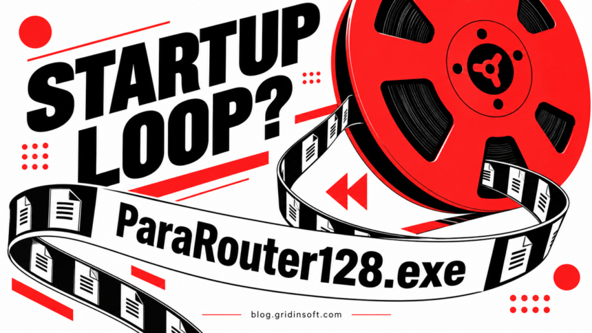 ParaRouter128.exe startup loop shown as a file ribbon winding back onto a red reel