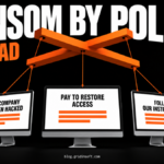 Orange puppet controls suspend computers displaying ransom demands.
