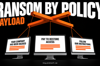 Orange puppet controls suspend computers displaying ransom demands.