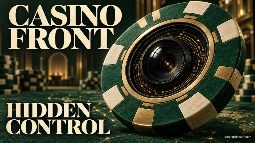 A green casino chip conceals a camera lens and circuit traces.