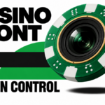 Green casino chip with a dark camera lens on a white background.