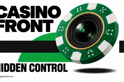 Green casino chip with a dark camera lens on a white background.