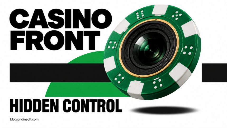 Green casino chip with a dark camera lens on a white background.