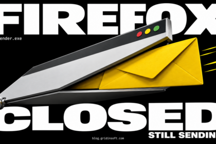 A yellow envelope slips from a closing browser window beneath the words FIREFOX CLOSED and STILL SENDING?