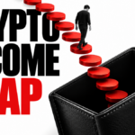 Red coin steps descend into a black wallet beneath the words Crypto Income Trap.