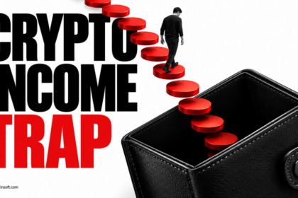 Red coin steps descend into a black wallet beneath the words Crypto Income Trap.