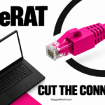 A magenta network plug disconnected from a laptop beside the words PureRAT: Cut the Connection.