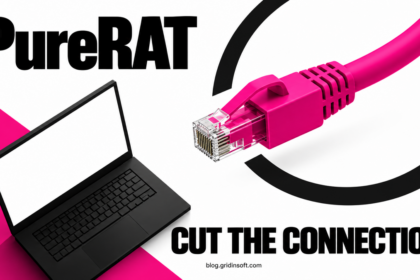 A magenta network plug disconnected from a laptop beside the words PureRAT: Cut the Connection.