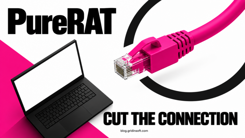 A magenta network plug disconnected from a laptop beside the words PureRAT: Cut the Connection.