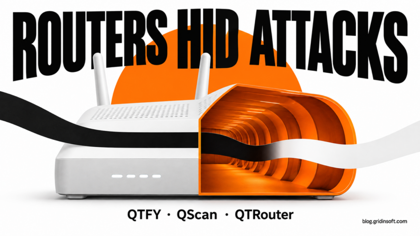 A white home router opens into an orange tunnel representing a covert QTFY proxy relay.