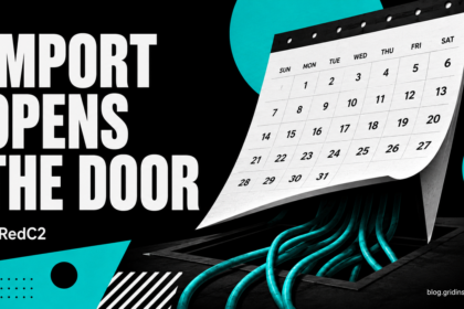 A calendar opens into a hidden doorway, illustrating the RedC2 package import risk.