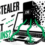 A REVSTEALER file crumbles above a laptop while four green roots remain attached.