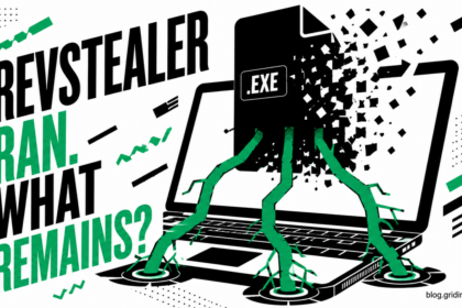 A REVSTEALER file crumbles above a laptop while four green roots remain attached.