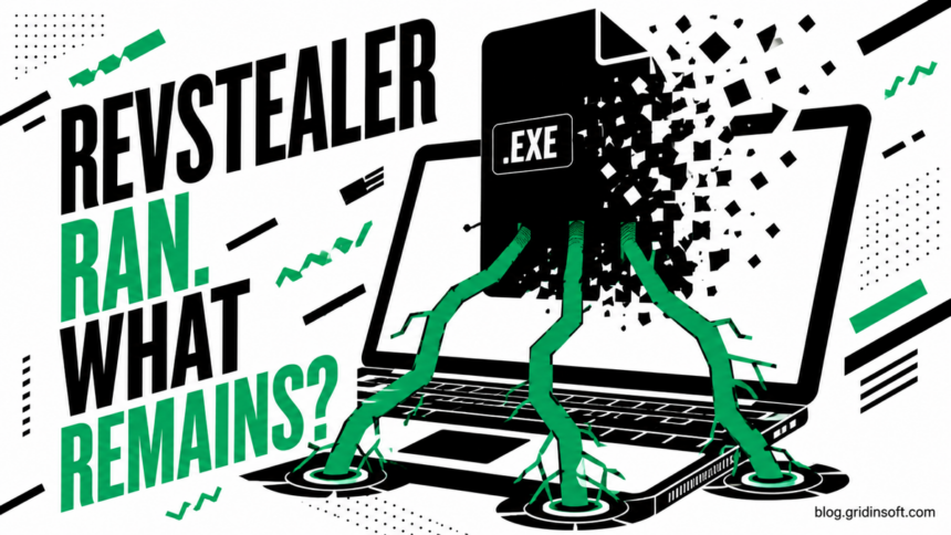 REVSTEALER Malware: What to Do After It Runs 1 A REVSTEALER file crumbles above a laptop while four green roots remain attached.
