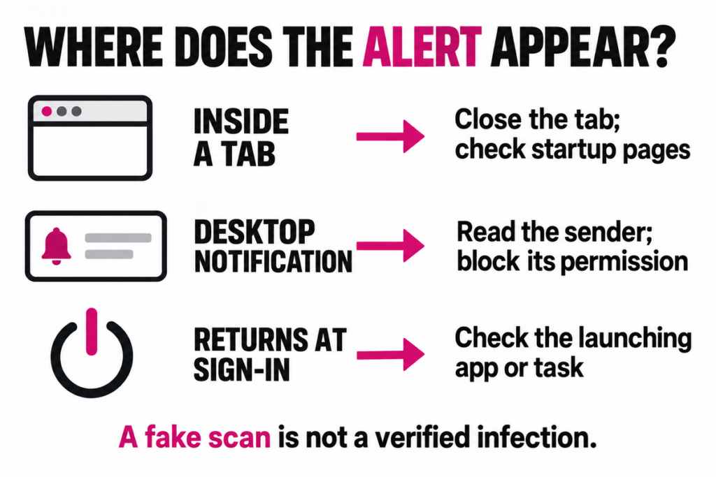 Securewalle.com Pop-Ups: Stop Fake Scans and Recurring Alerts 2 Three checks: a browser tab, a desktop notification, and an app or task that launches at sign-in.