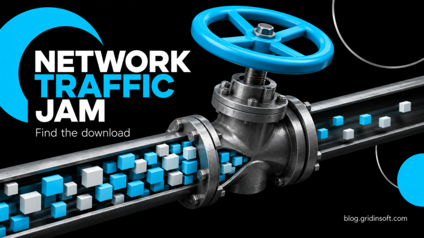 A cyan valve controls a stream of data blocks in a narrow pipe