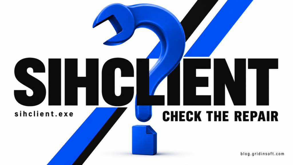 A cobalt wrench forms a question mark above a file, with the words SIHCLIENT and CHECK THE REPAIR.