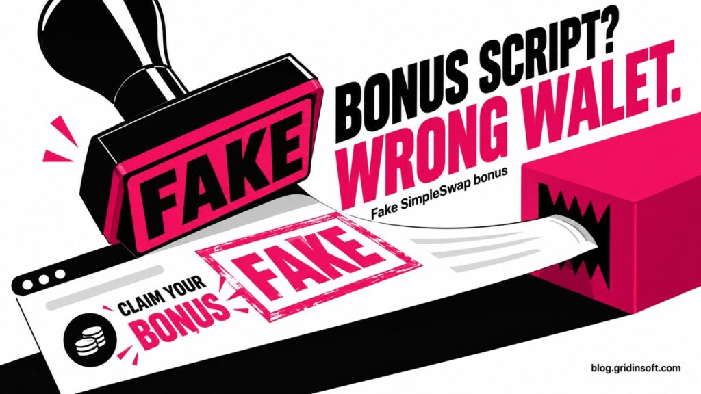Fake SimpleSwap bonus script stamped as fake as a payment slip enters a trap.
