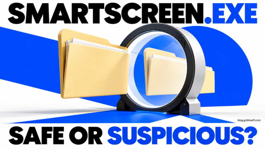 SmartScreen.exe safety check shown through a large inspection lens