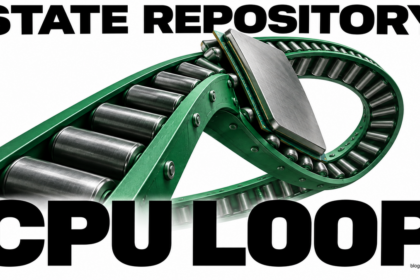 A processor caught in a looping green conveyor illustrates repeated State Repository Service activity