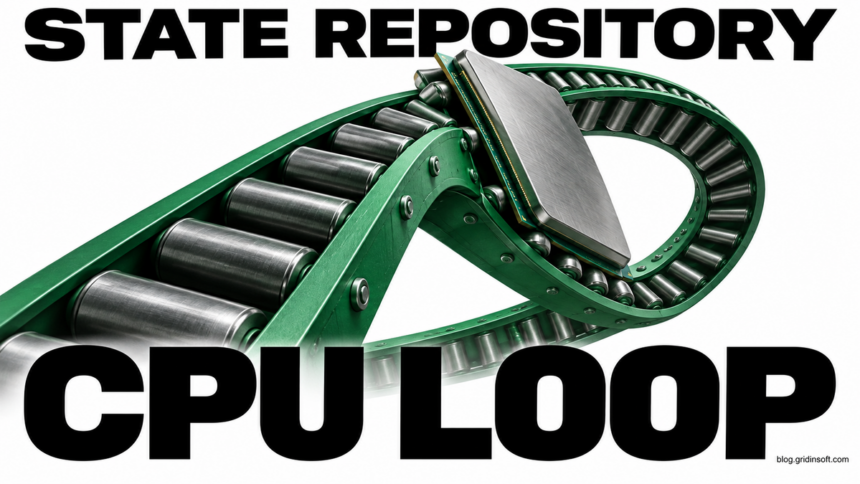 A processor caught in a looping green conveyor illustrates repeated State Repository Service activity