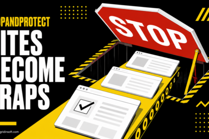WordPress page cards move along a conveyor toward a STOP sign that opens as a trapdoor.