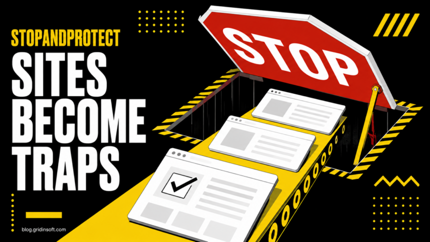 StopAndProtect Turns Hacked WordPress Sites Into Malware Traps 1 WordPress page cards move along a conveyor toward a STOP sign that opens as a trapdoor.