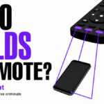 An oversized TV remote controls a phone with violet puppet strings.