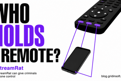 An oversized TV remote controls a phone with violet puppet strings.