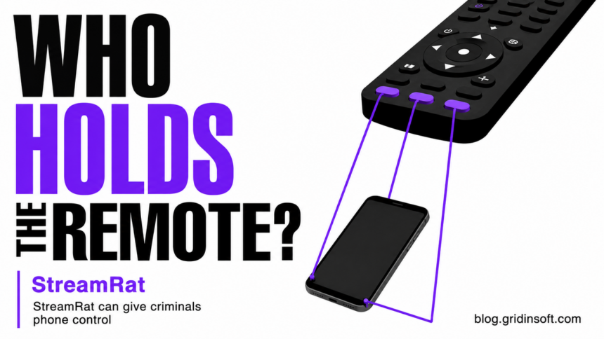 An oversized TV remote controls a phone with violet puppet strings.