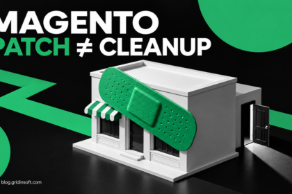 Magento storefront with a green patch and an open rear door.