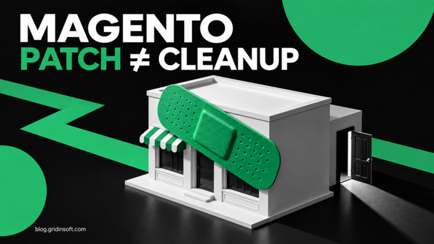 Magento storefront with a green patch and an open rear door.