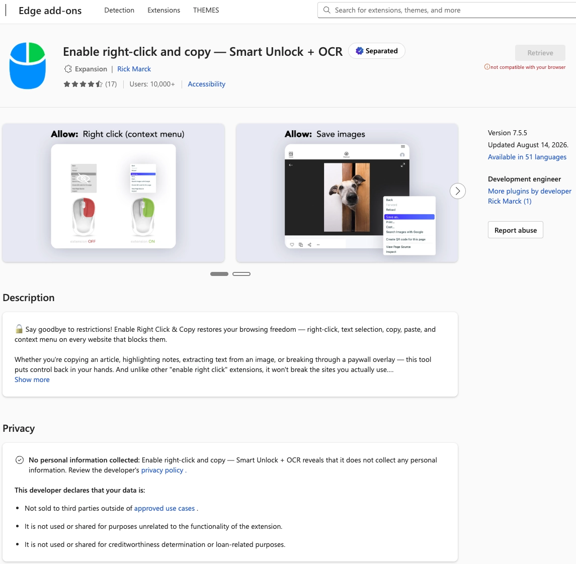 Edge Add-ons listing for Enable Right Click and Copy Smart Unlock plus OCR
