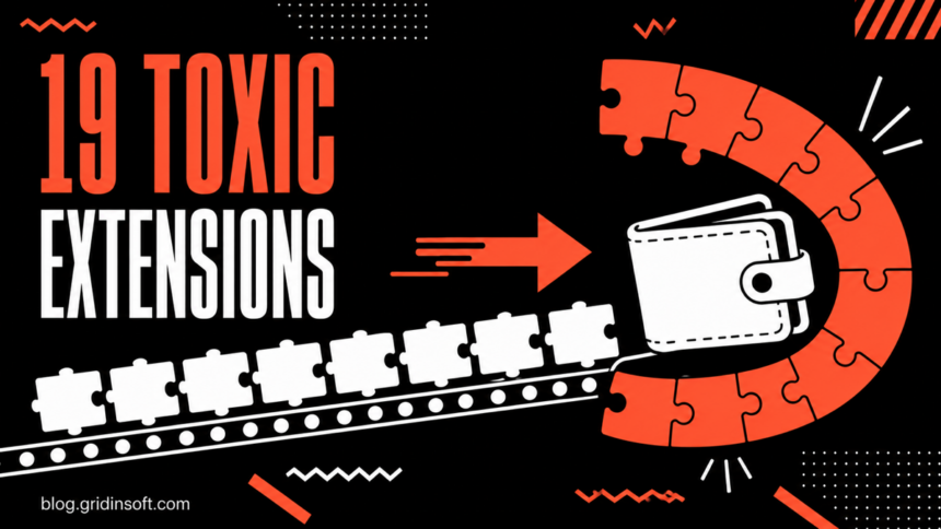 Nineteen extension tiles flow into a wallet trap on a black and electric orange editorial poster