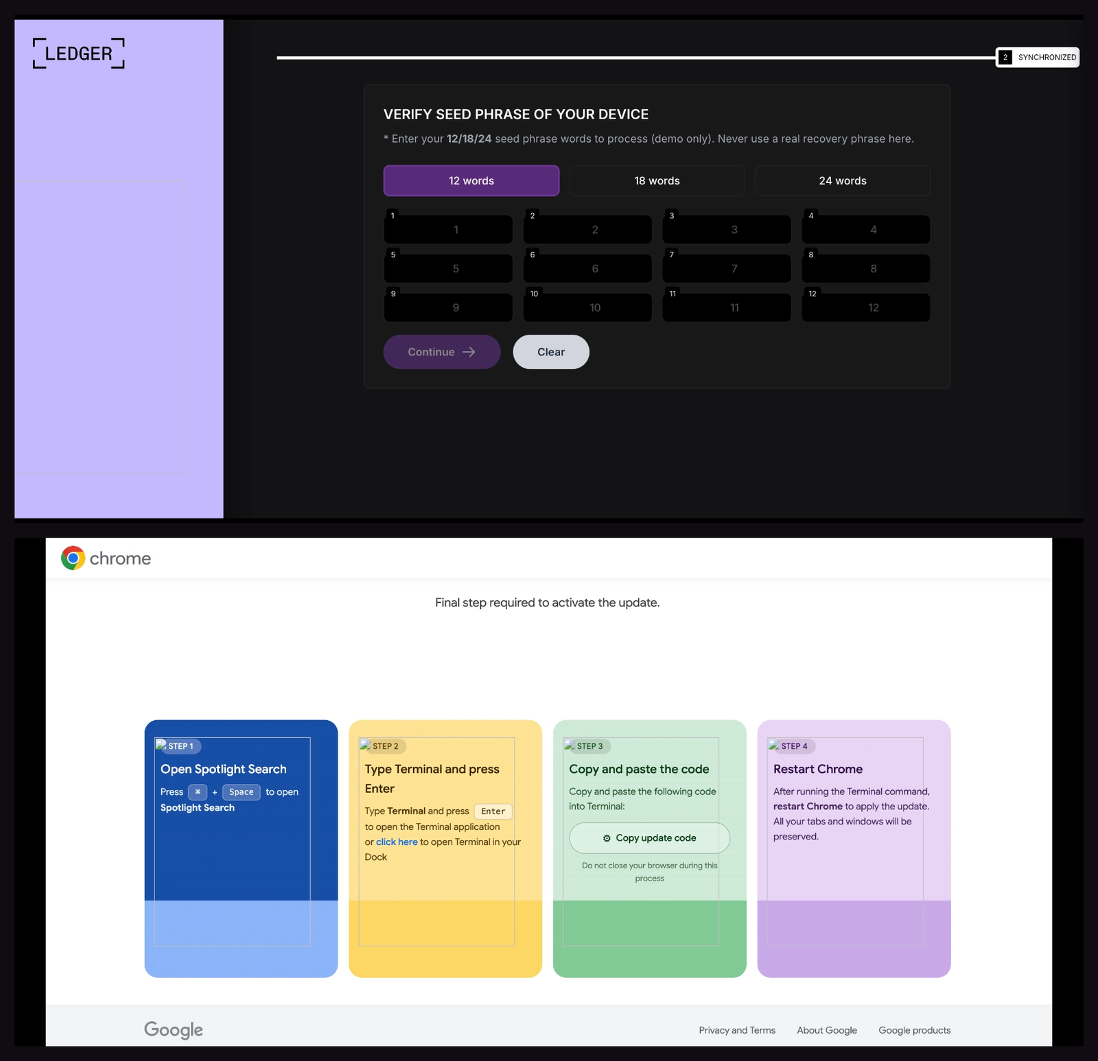 Research examples of a fake Ledger seed phrase form and a fake Chrome update ClickFix prompt
