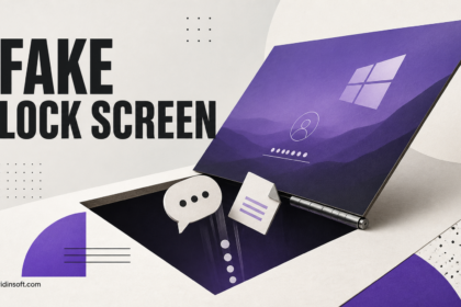 Editorial trapdoor shaped like a fake Windows lock screen swallowing a workplace chat and password dots