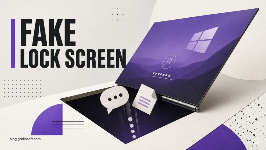 Editorial trapdoor shaped like a fake Windows lock screen swallowing a workplace chat and password dots