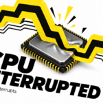 A large yellow interrupt pulse presses across a computer processor.