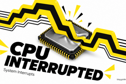 A large yellow interrupt pulse presses across a computer processor.